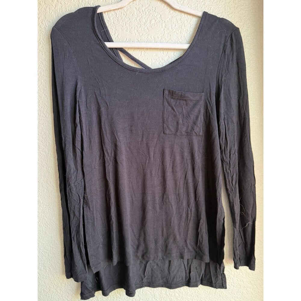 Glitz Black Criss Cross Back Top Medium Long Sleeve High Low Pocket Shirt